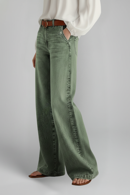 Alethea | Olive Green Women’s Casual Wide-Leg High-Rise Denim Jeans