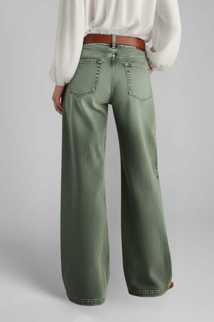 Alethea | Olive Green Women’s Casual Wide-Leg High-Rise Denim Jeans