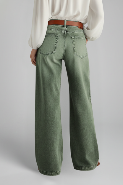 Alethea | Olive Green Women’s Casual Wide-Leg High-Rise Denim Jeans