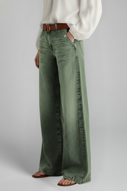 Alethea | Olive Green Women’s Casual Wide-Leg High-Rise Denim Jeans