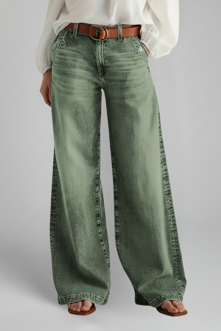 Alethea | Olive Green Women’s Casual Wide-Leg High-Rise Denim Jeans