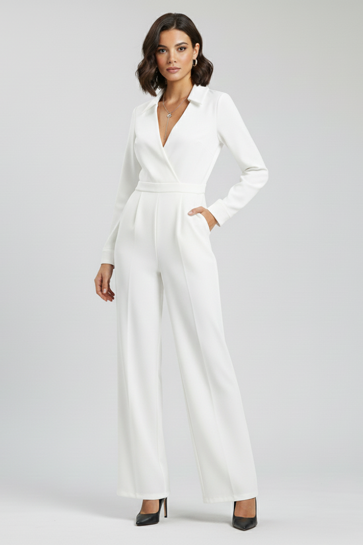 Aurelia | Women’s Black Collared Wide-Leg Tailored Jumpsuit