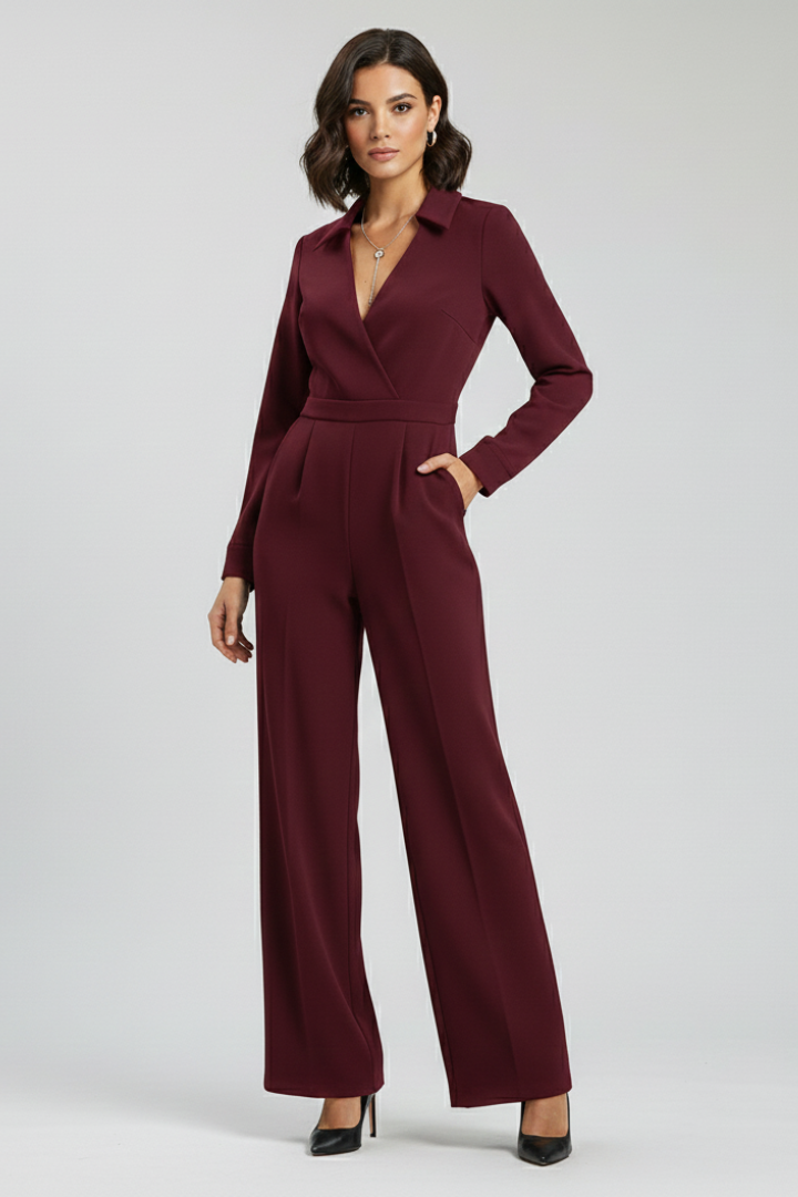 Aurelia | Women’s Black Collared Wide-Leg Tailored Jumpsuit