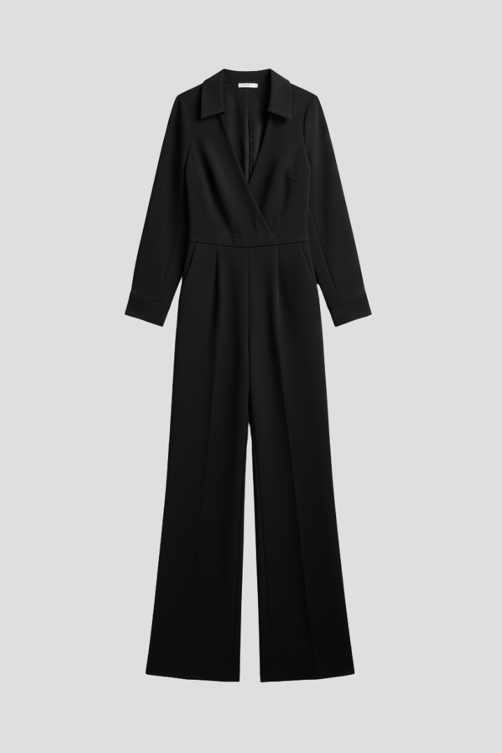 Aurelia | Women’s Black Collared Wide-Leg Tailored Jumpsuit