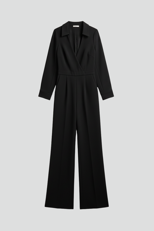 Aurelia | Women’s Black Collared Wide-Leg Tailored Jumpsuit