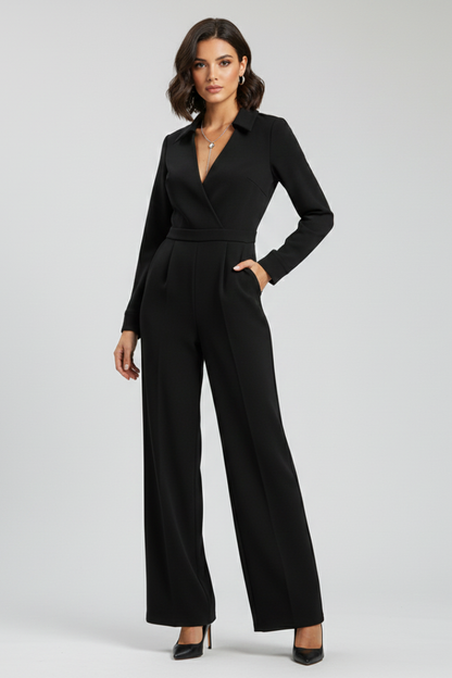Aurelia | Women’s Black Collared Wide-Leg Tailored Jumpsuit