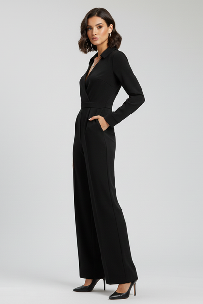 Aurelia | Women’s Black Collared Wide-Leg Tailored Jumpsuit