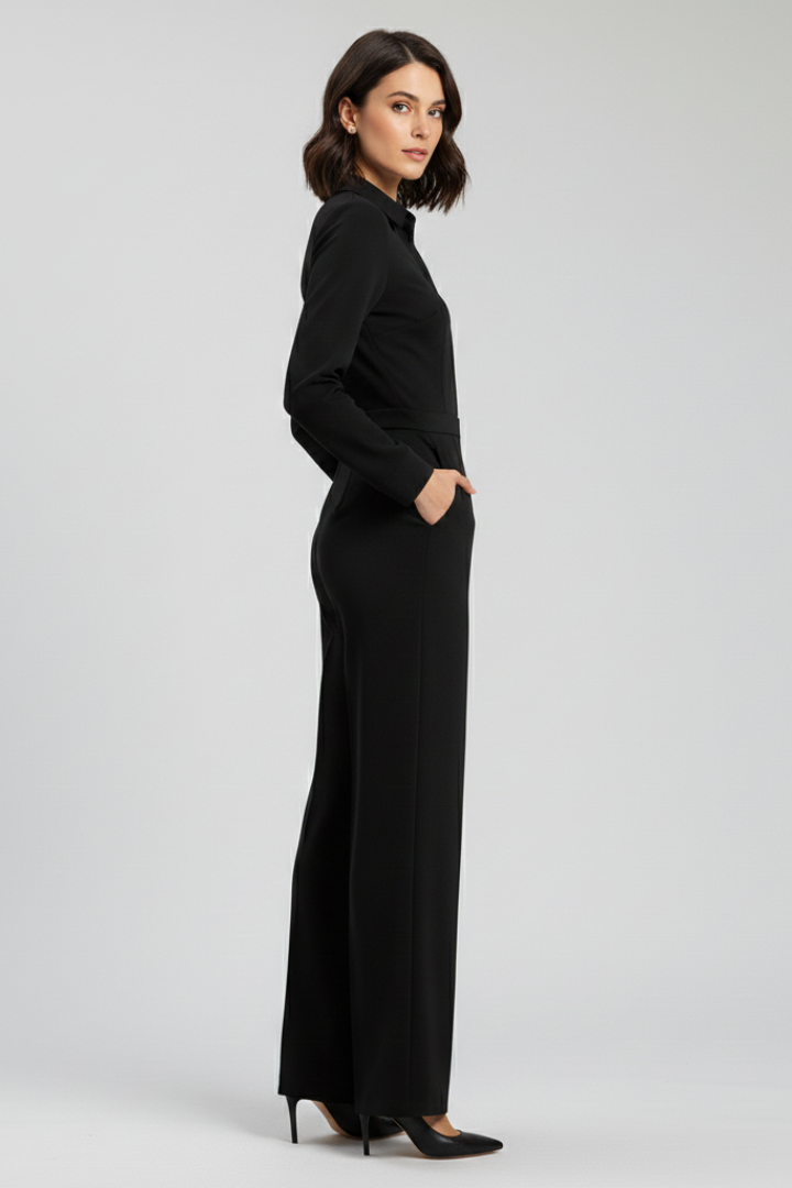 Aurelia | Women’s Black Collared Wide-Leg Tailored Jumpsuit