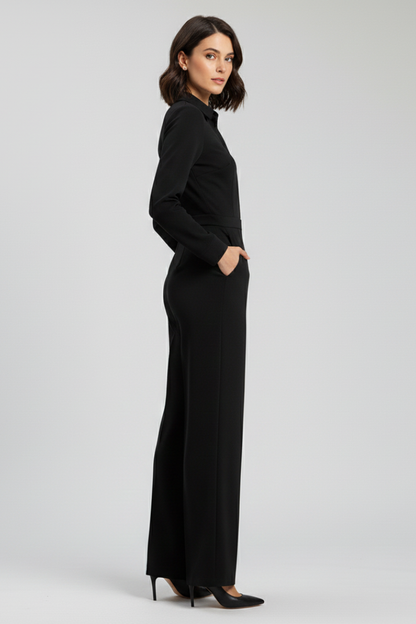 Aurelia | Women’s Black Collared Wide-Leg Tailored Jumpsuit