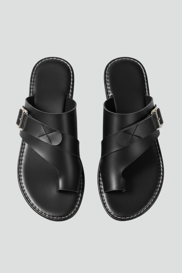 Calista | Women’s Summer Black Leather Sandals With Buckle Finish