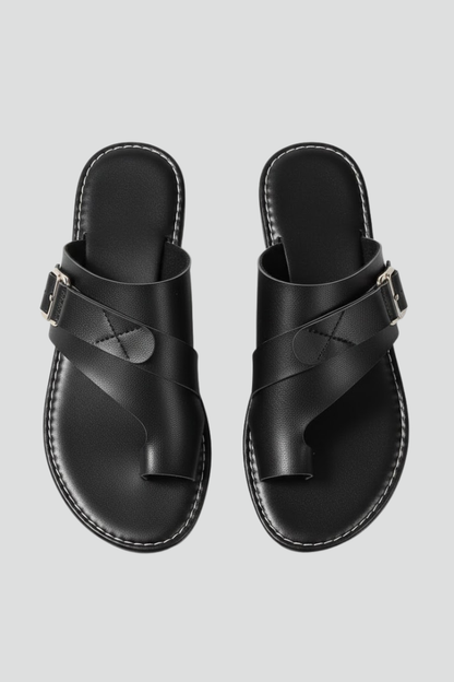 Calista | Women’s Summer Black Leather Sandals With Buckle Finish