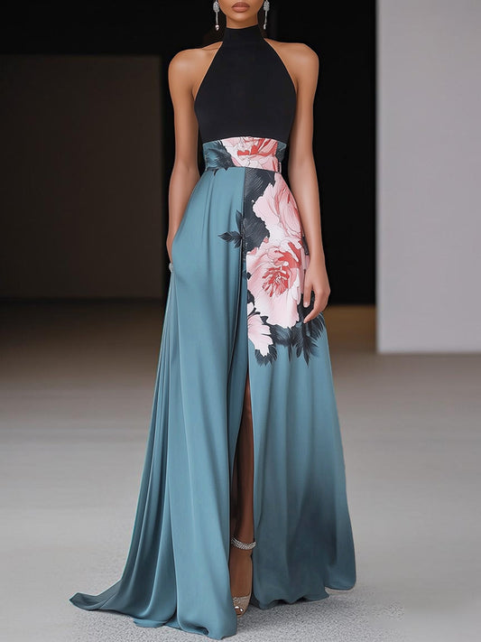 Astrid | Teal Floral Chic Slit Floral Classic Crew Neck Sleeveless A-Line Maxi Dress