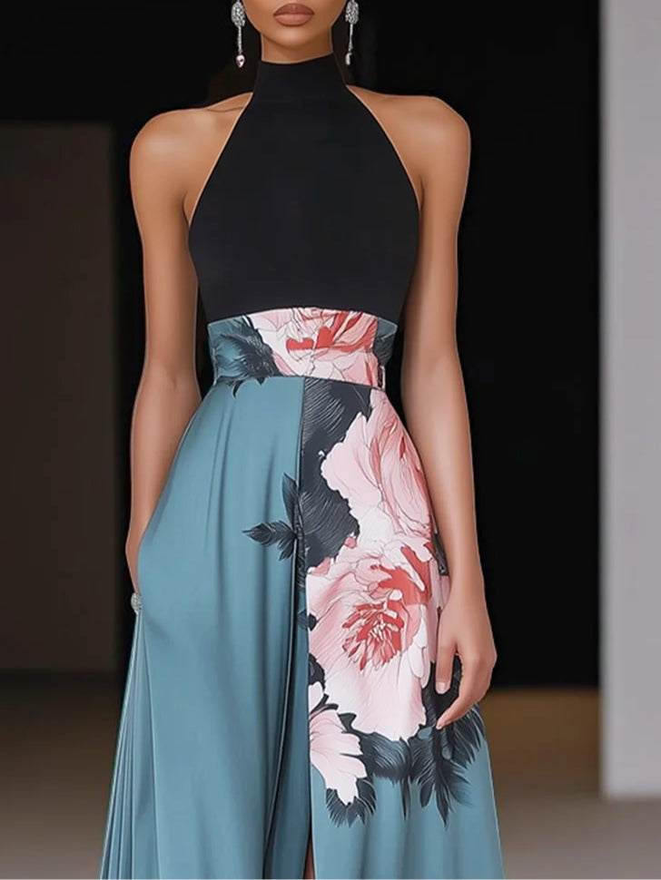 Astrid | Teal Floral Chic Slit Floral Classic Crew Neck Sleeveless A-Line Maxi Dress