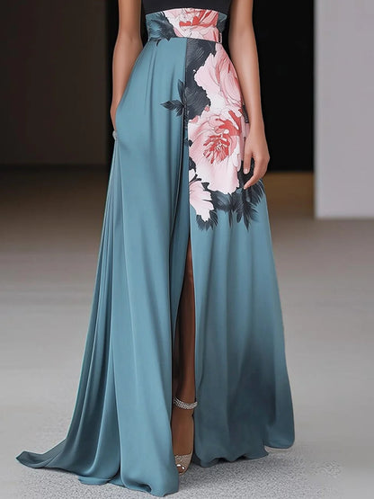 Astrid | Teal Floral Chic Slit Floral Classic Crew Neck Sleeveless A-Line Maxi Dress