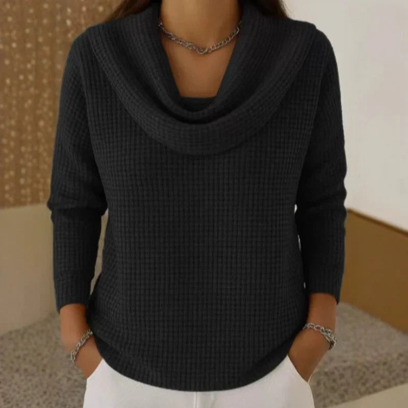 Alethea | Alethea – Blue Warm Waffle Knit Sweater With Elegant Cowl Neck
