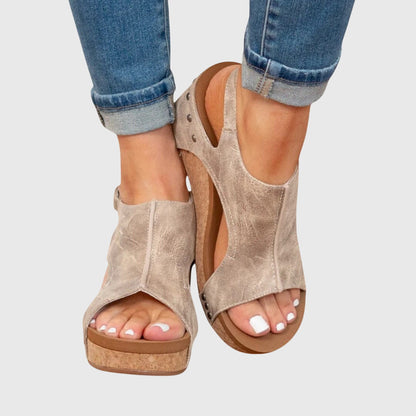 Calista | Beige Suede Orthotic Wedge Sandals