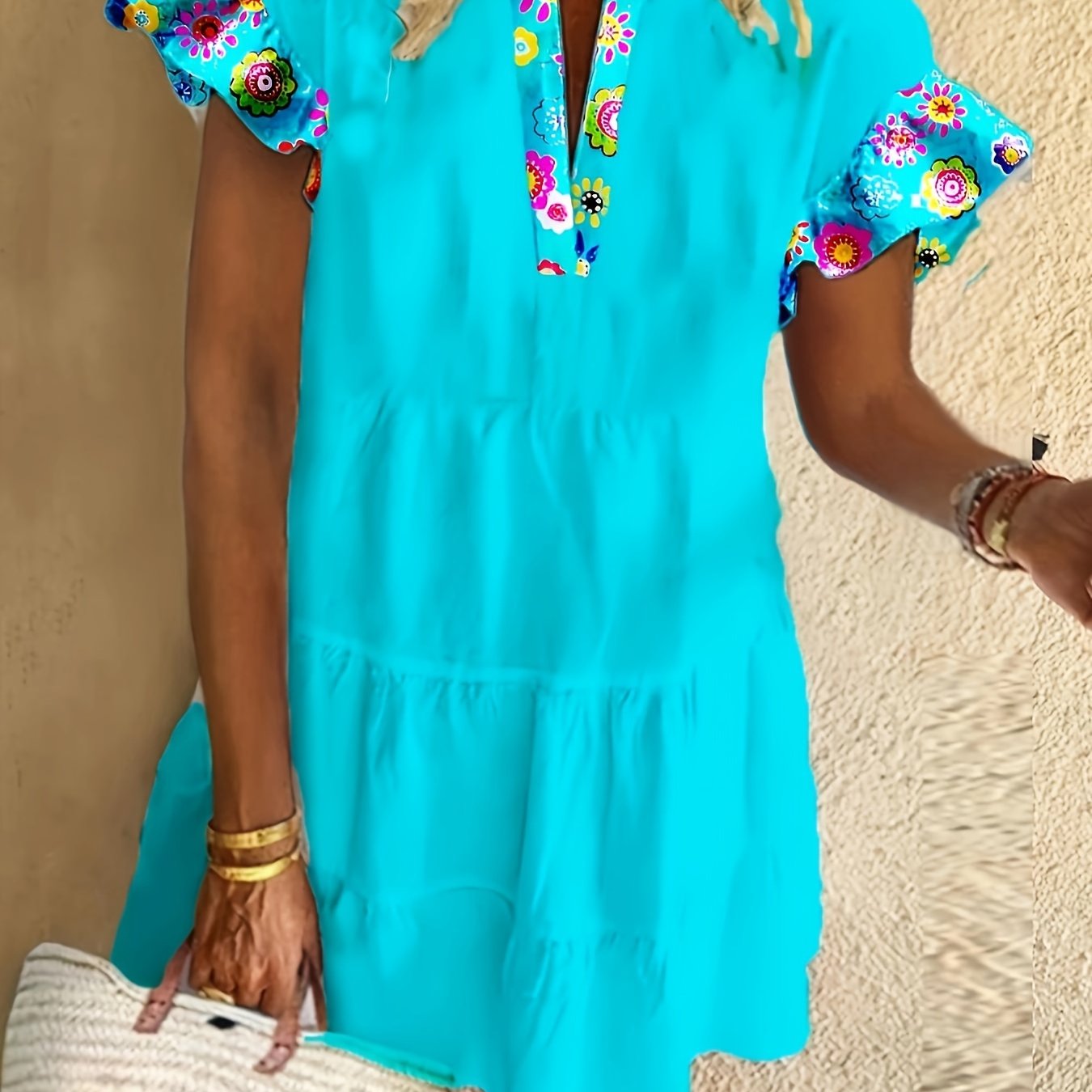 Alethea | Women’s Boho Ruffle Sleeve Mini Dress in Turquoise Floral