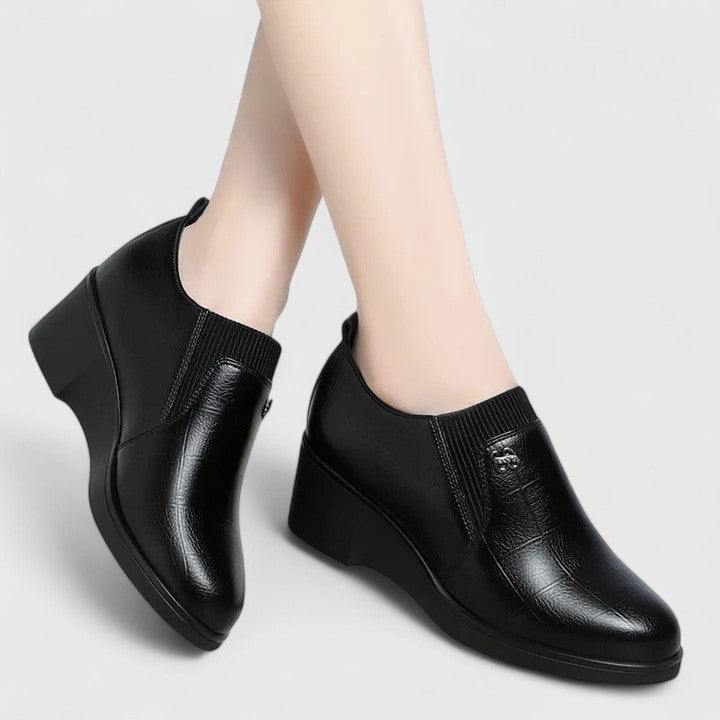 Calantha | Elegant Black Leather Wedge Shoes
