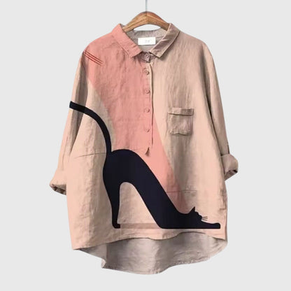 Calista | Vibrant Cat Print Linen Blouse