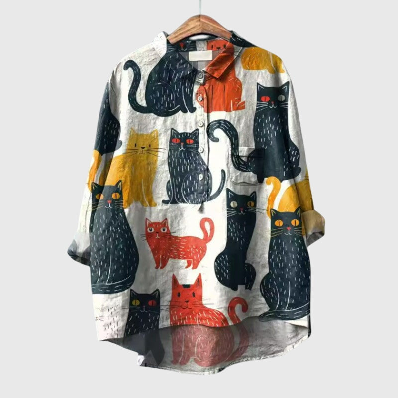 Calista | Vibrant Cat Print Linen Blouse