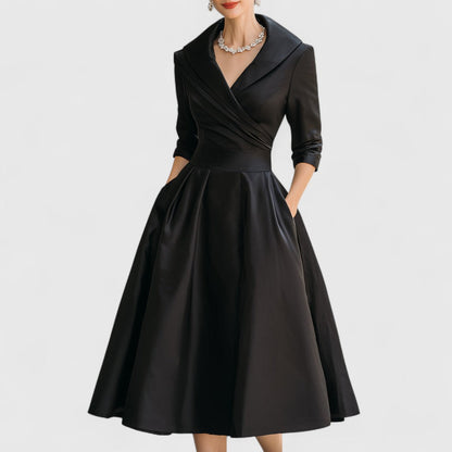 Alethea | Navy Blue Elegant Midi Dress with Satin Finish