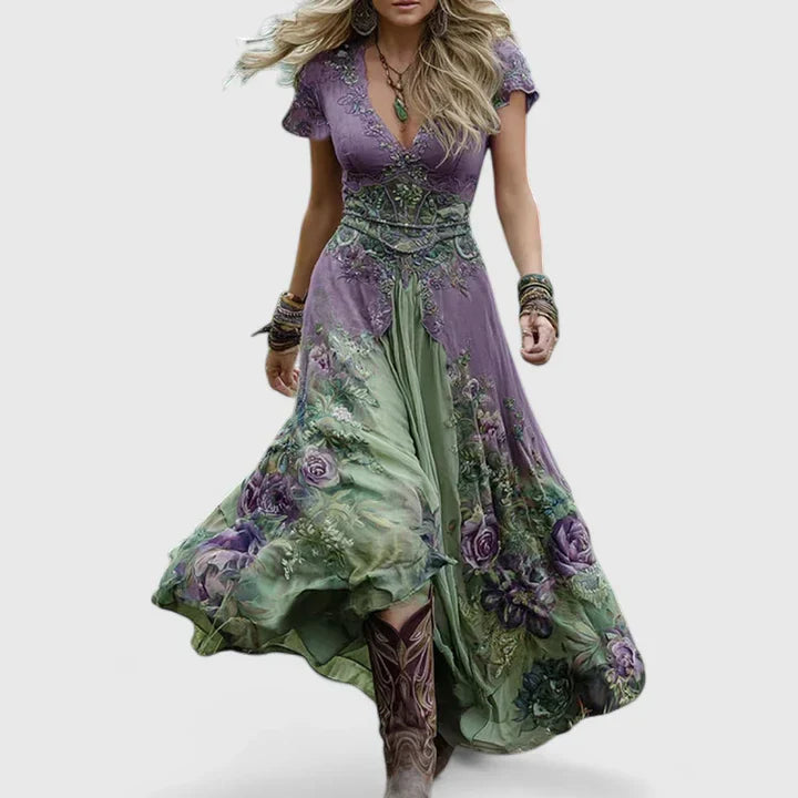 Calantha | Elegant Maxi Dress in Floral Purple Green