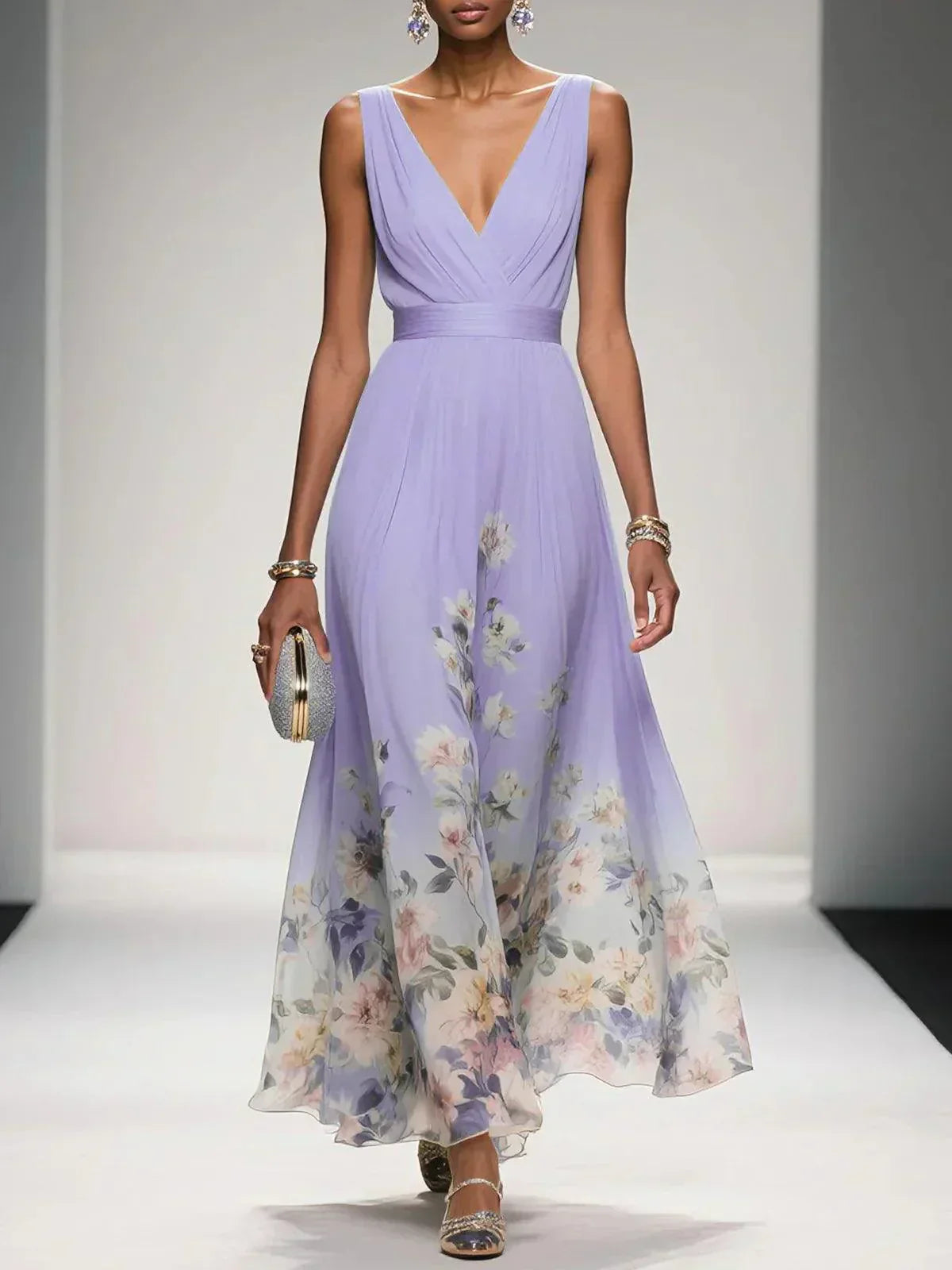 Calista | Women's Elegant Light Blue Floral Print Wedding Guest Dress