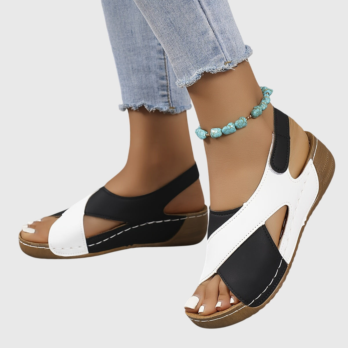 Calista | Women's Navy Blue & White Distressed Leather Cross Strap Orthotic Sandals
