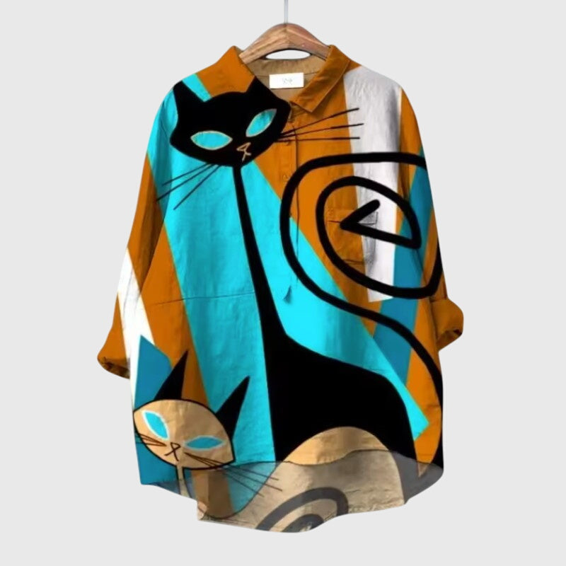 Calista | Vibrant Cat Print Linen Blouse