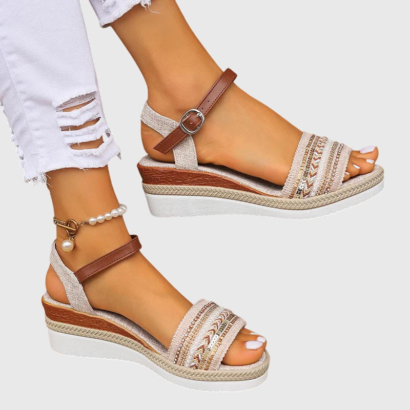 Calista | Beige Embroidered Orthopedic Summer Sandals