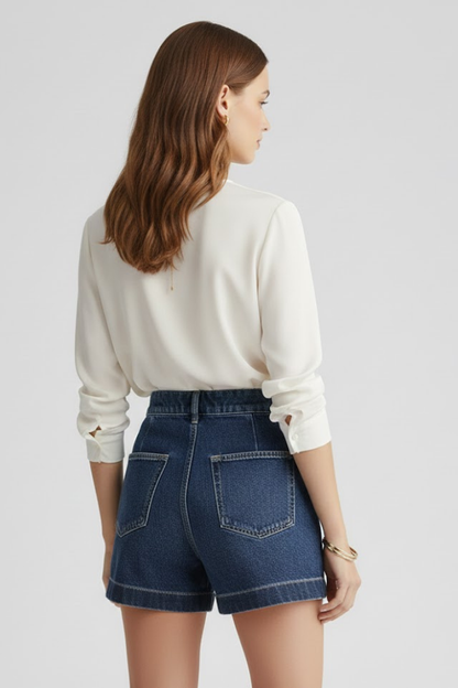 Women’s High Waisted Dark Denim Shorts Rolled Hem