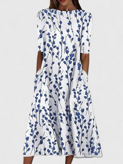 Calantha | Elegant White & Blue Floral Sophisticated Midi Dress