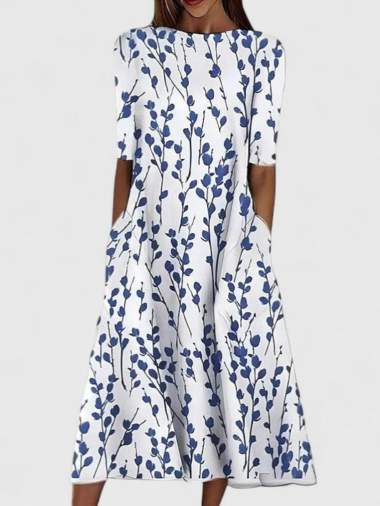 Calantha | Elegant White & Blue Floral Sophisticated Midi Dress