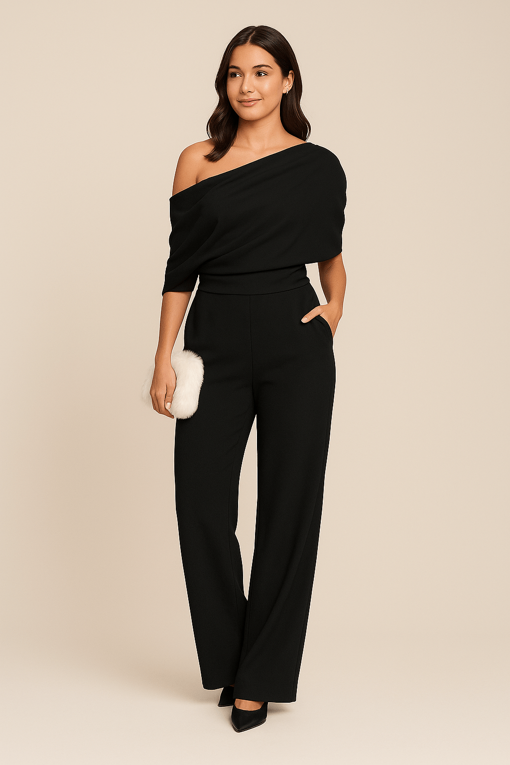 Astrid | Women’s Chic One-Shoulder Cream Spring Jumpsuit