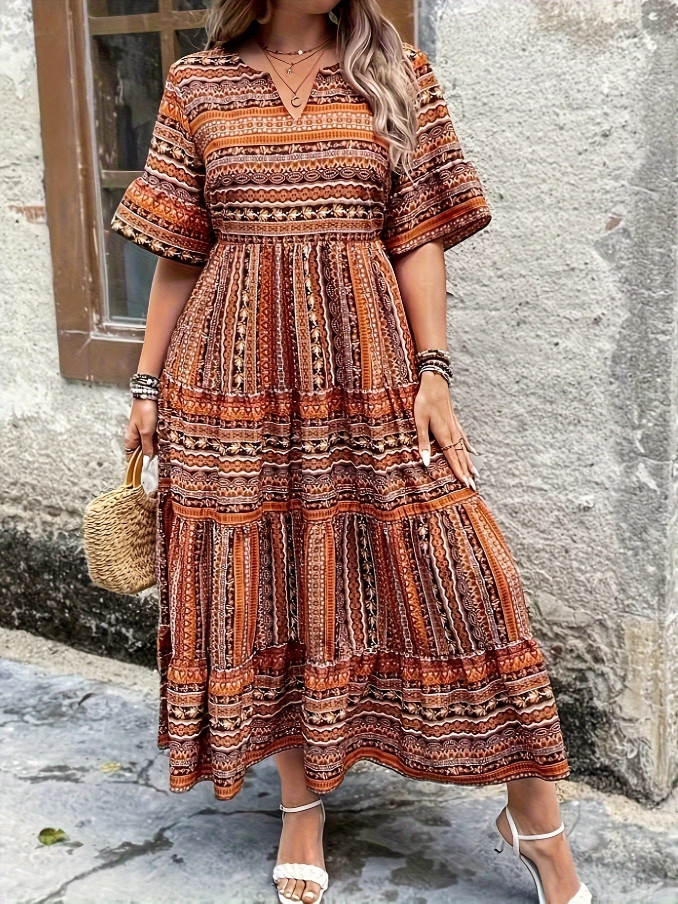 Willow | Women’s Boho Printed Flowy Midi Dress in Green