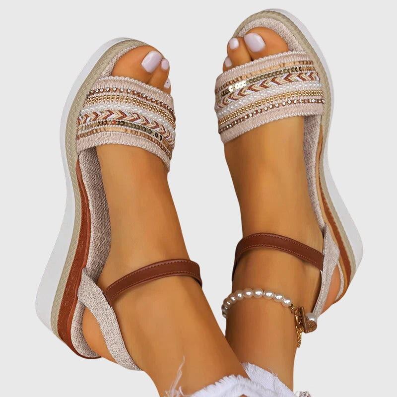 Calista | Beige Embroidered Orthopedic Summer Sandals