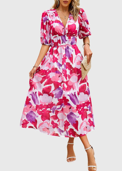Astrid | Elegant Floral Midi Dress with V-Neck