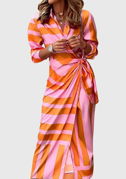Alethea | Vibrant Orange Elegant Wrap Dress With Print