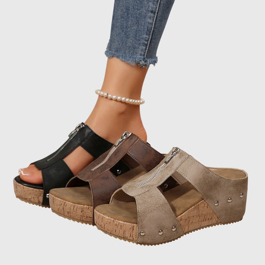 Calista | Beige Orthopedic Sandals with Cork Wedge