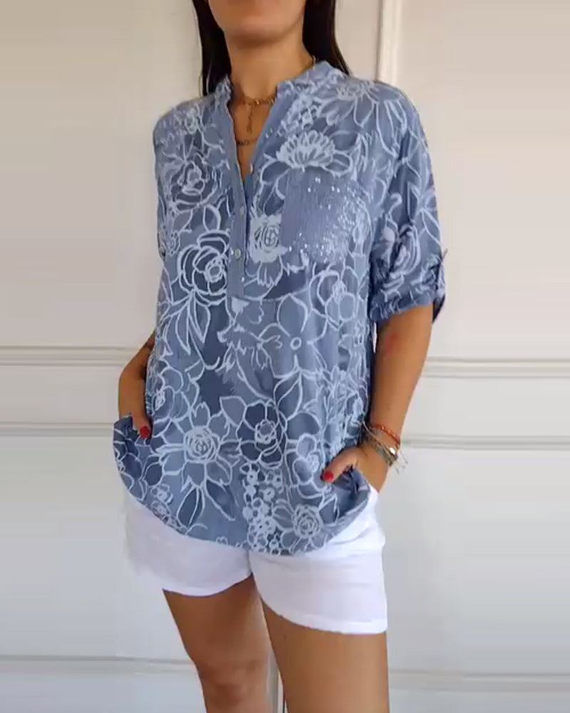 Calantha | Elegant Floral Blue Sophisticated Blouse