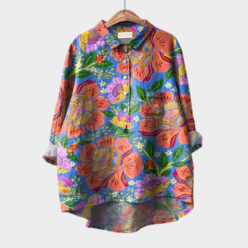 Calista | Blue Floral Linen Blouse