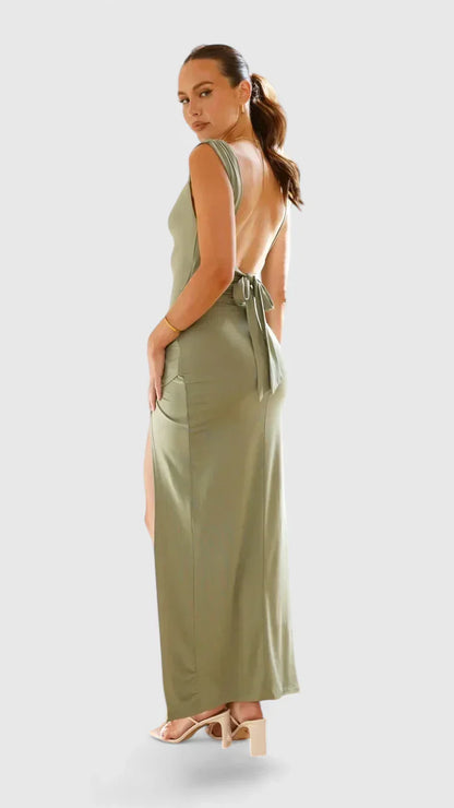 Calantha | Olive Elegant Maxi Dress with Slit