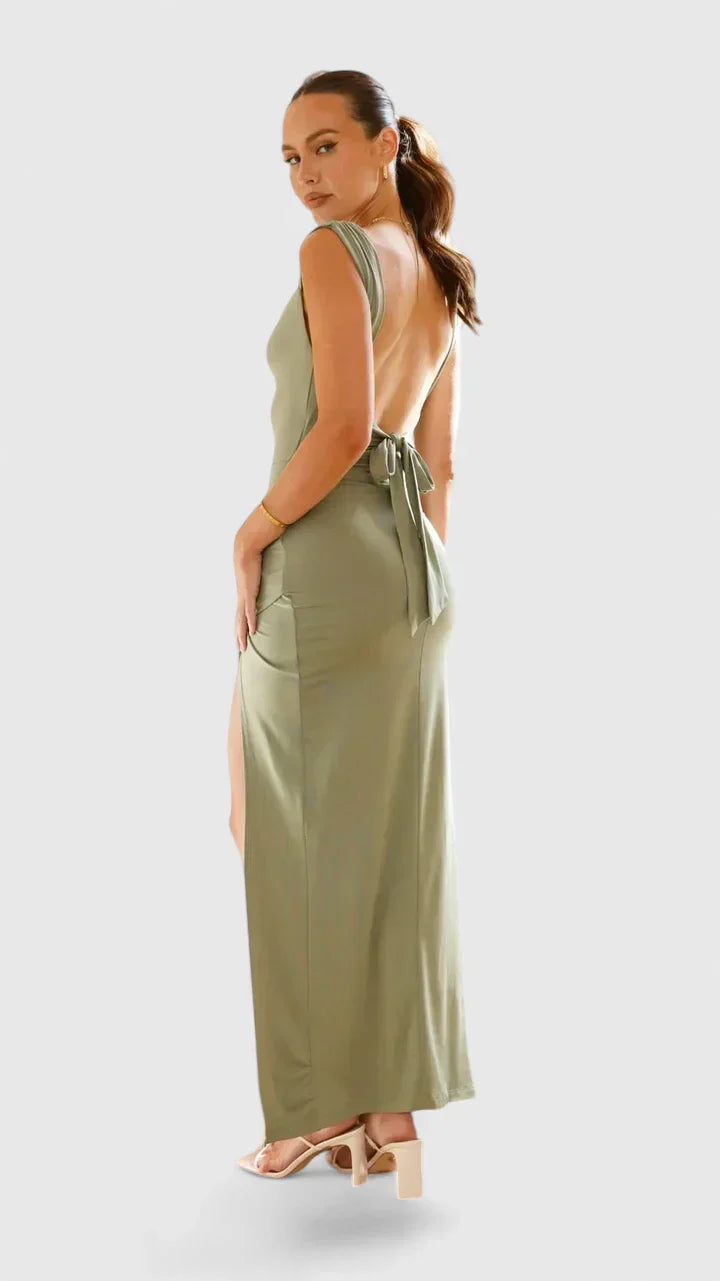 Calista | Olive Elegant Maxi Dress with Slit