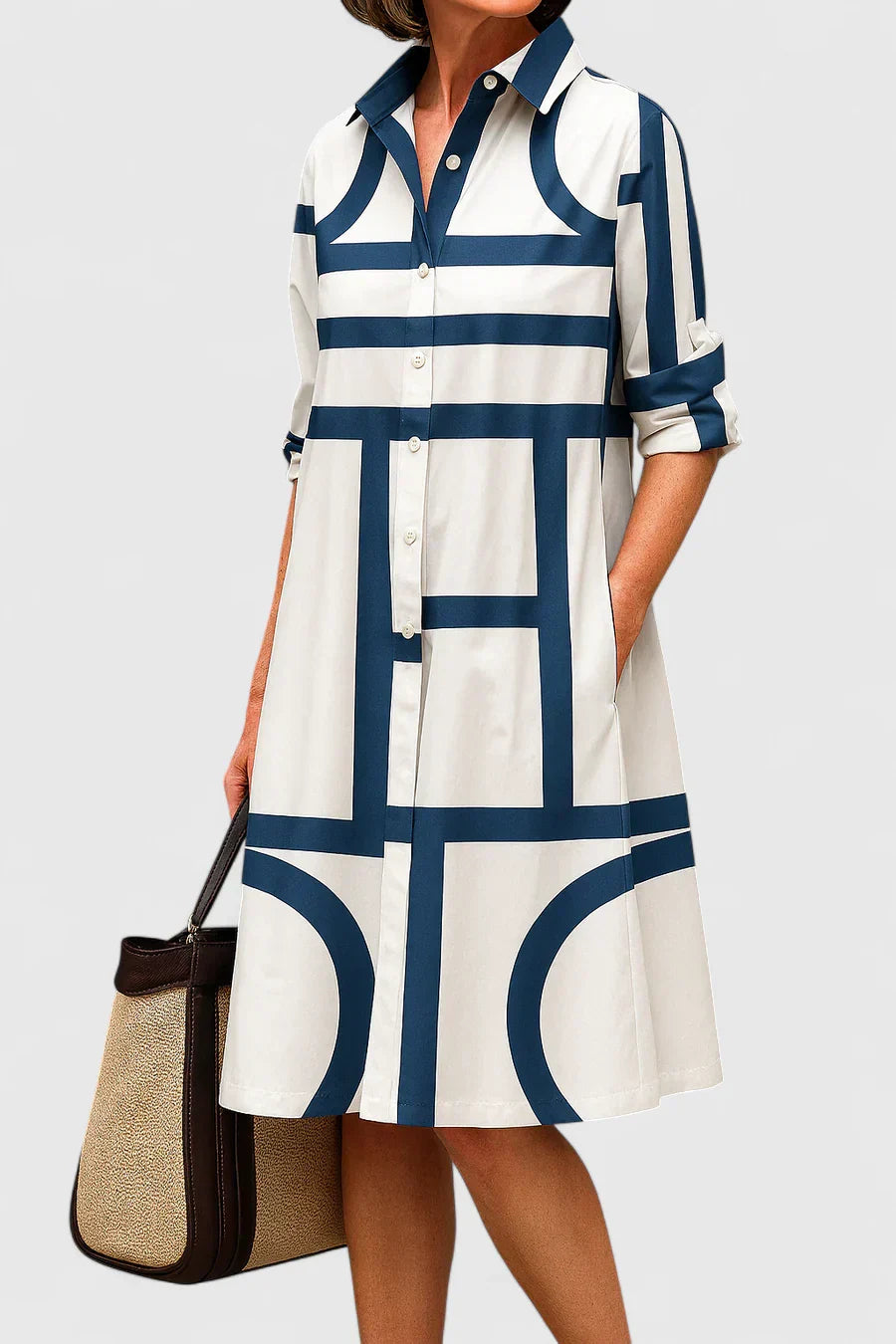 Calista | Elegant Navy White Midi Dress