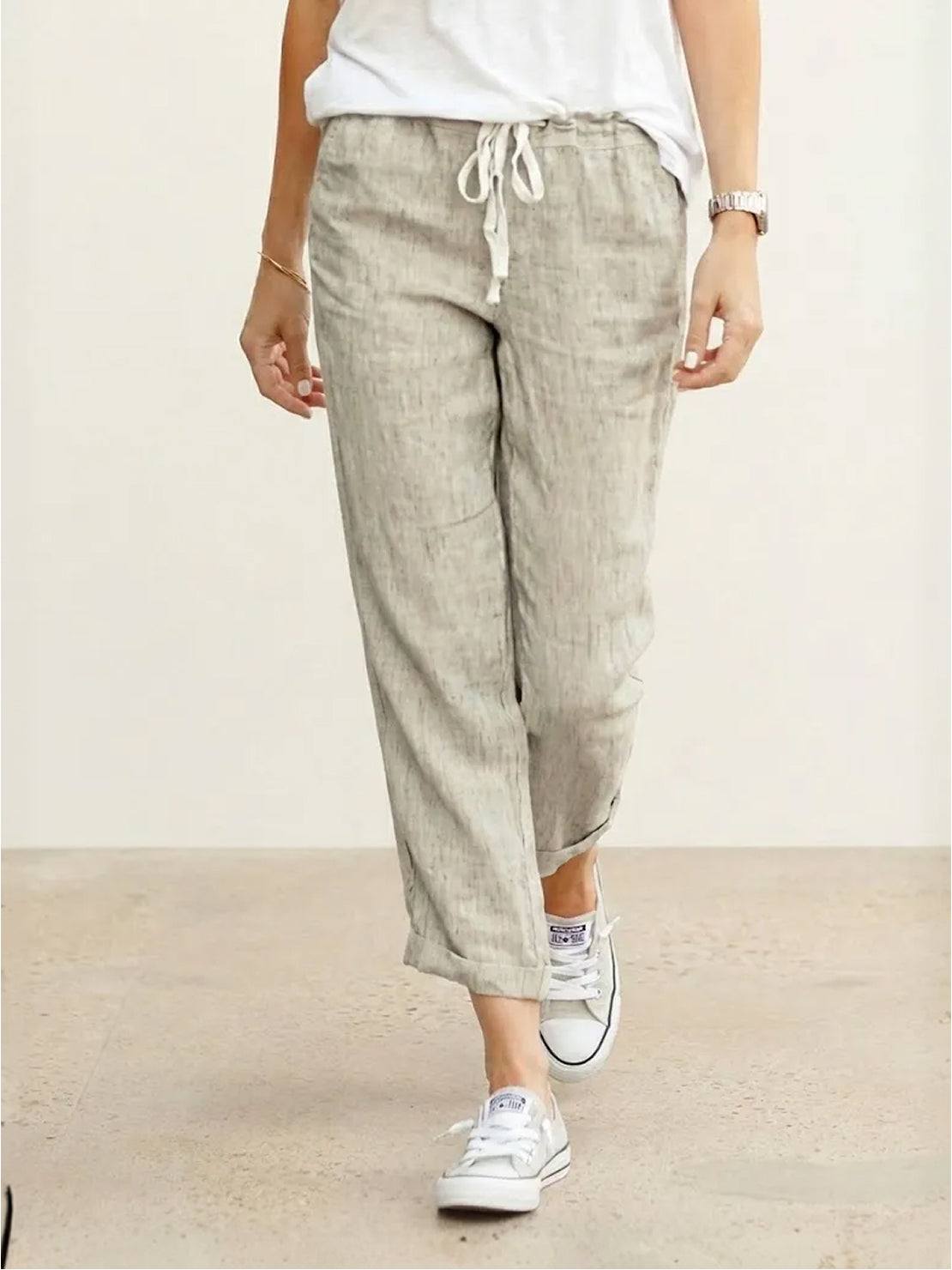 Odette | Women's Light Beige Linen Drawstring Ankle Pants