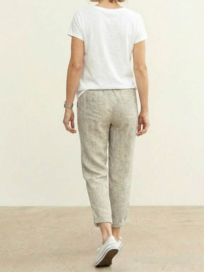 Odette | Women's Light Beige Linen Drawstring Ankle Pants