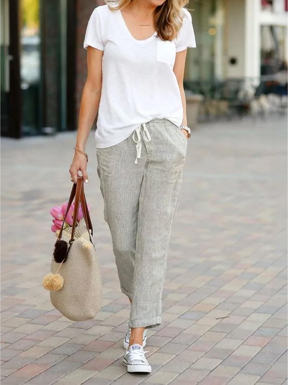 Odette | Women's Light Beige Linen Drawstring Ankle Pants