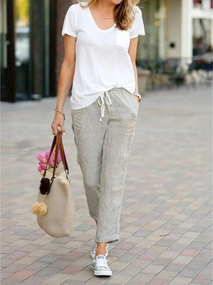 Odette | Women's Light Beige Linen Drawstring Ankle Pants