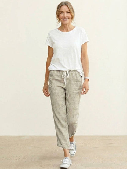 Odette | Women's Light Beige Linen Drawstring Ankle Pants