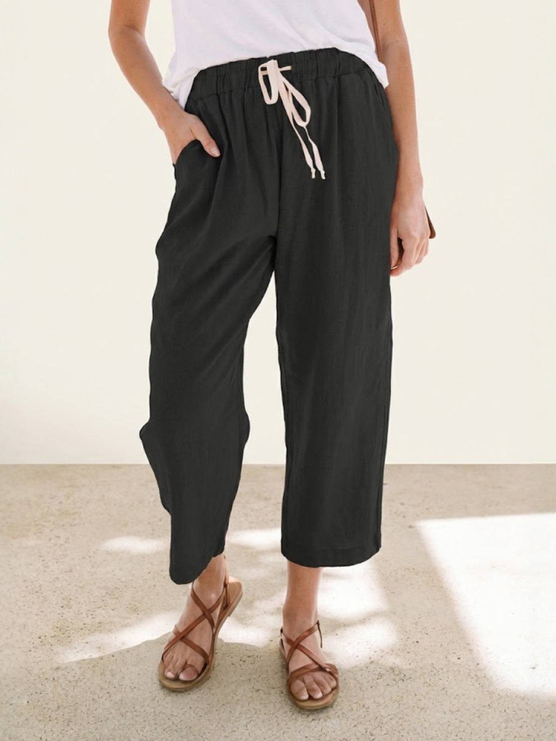 Odette | Women's Light Beige Linen Drawstring Ankle Pants